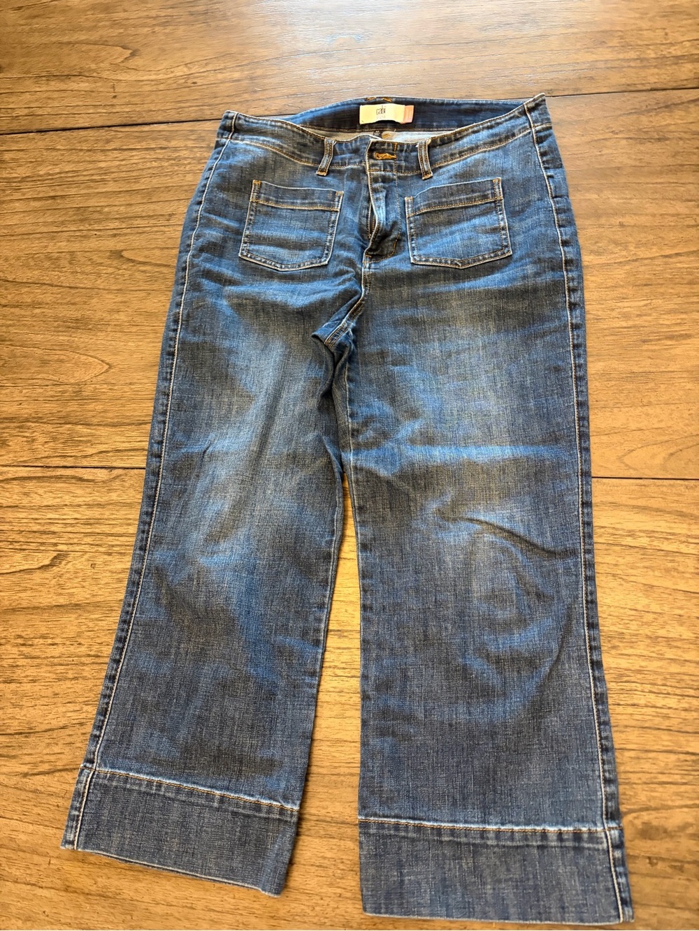 CAbi Denim Crop Jeans in Dark Blue with Gold Stitching